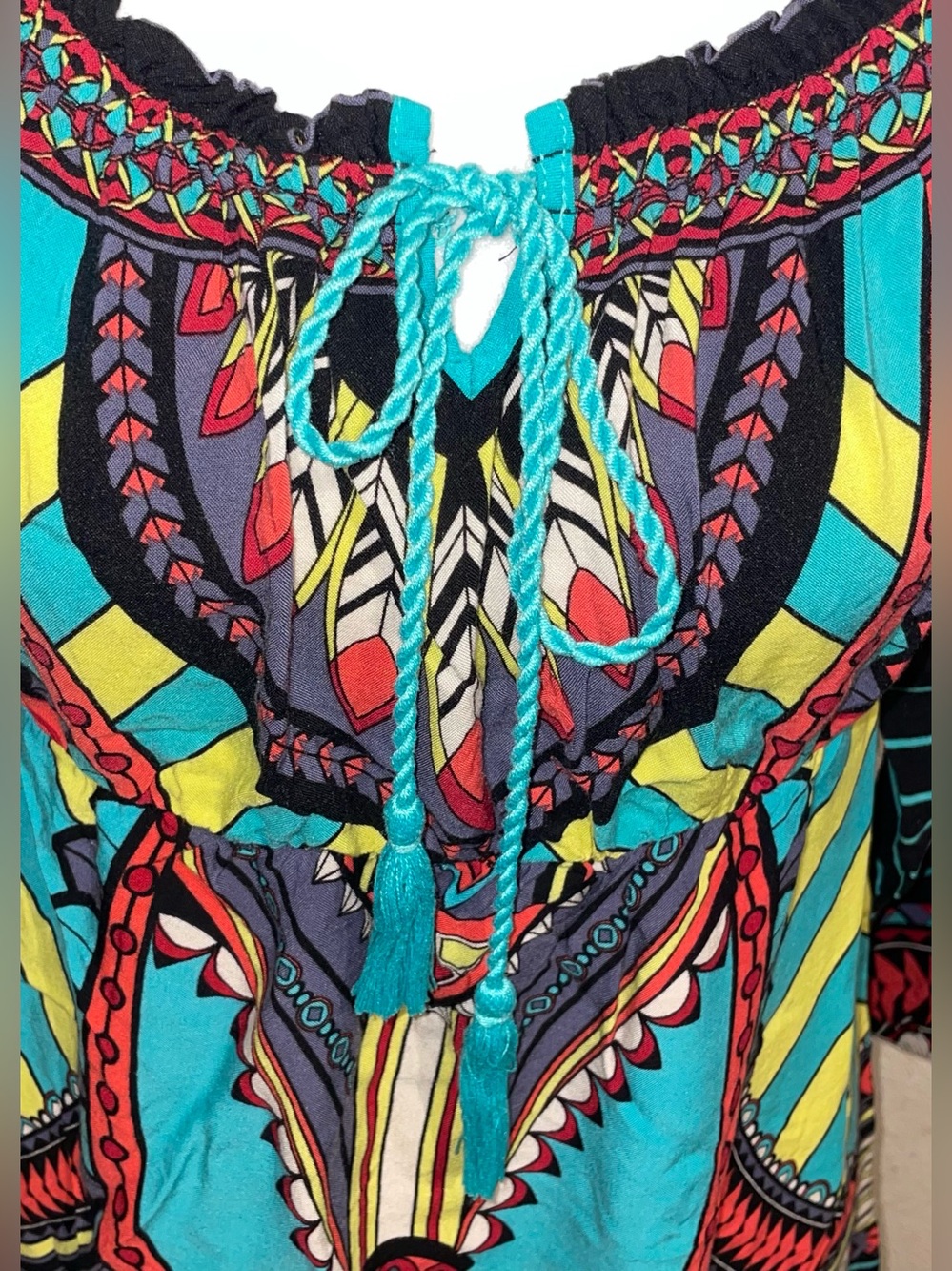 Flying Tomato Women’s Size L Boho Tunic Blouse Rayon Tribal Dashiki Festival Tie - Picture 4 of 7